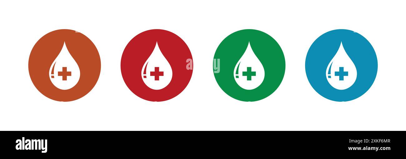 Logotype de symbole de goutte de sang. Faites don de goutte de sang avec le signe de croix. Concept de donateur. Design plat coloré. Symbole médical. Jeu d'icônes de logo Blood Drop. Illustration de Vecteur