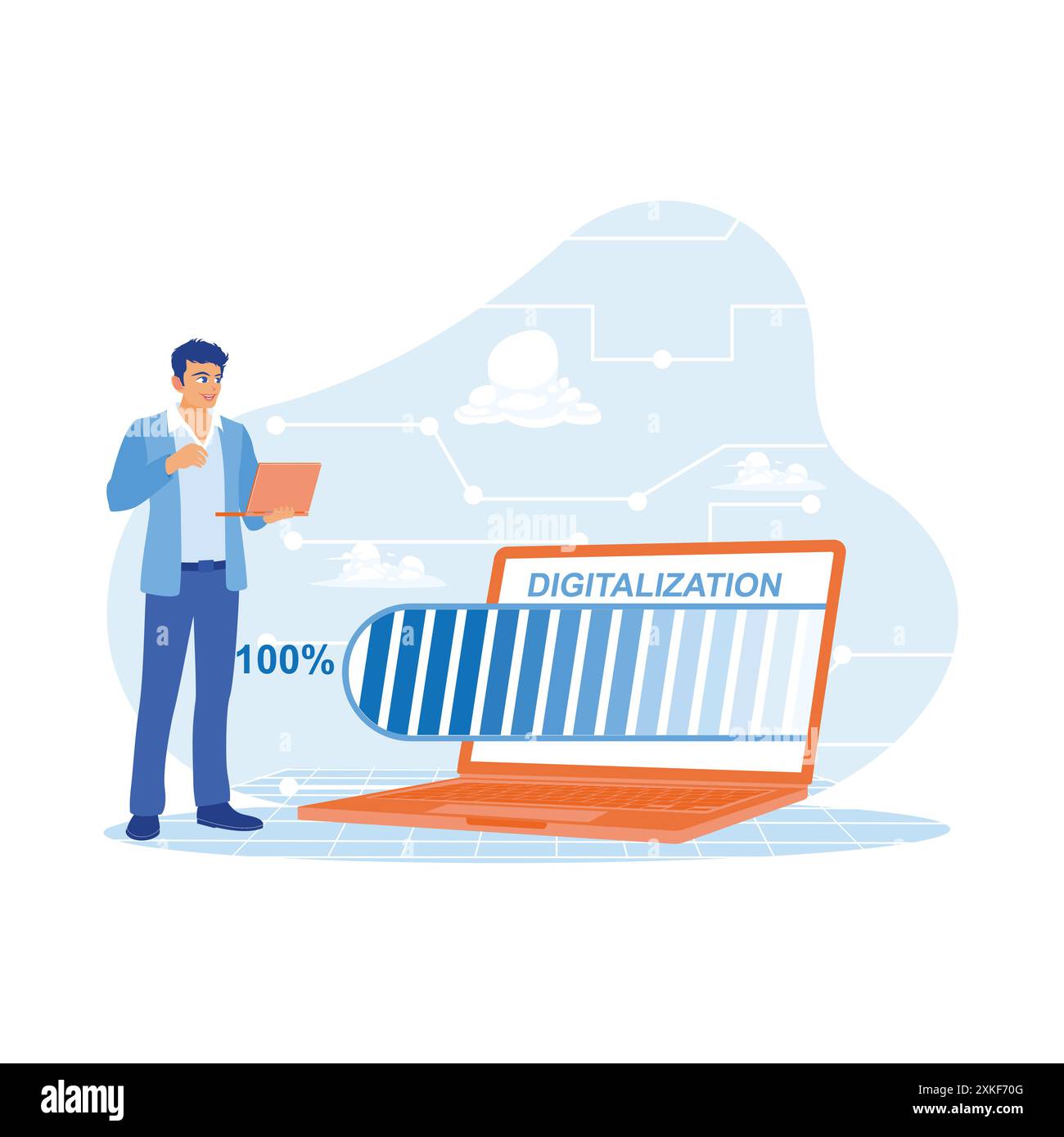L'homme d'affaires est debout tout en tenant l'ordinateur portable. Concept de monde numérique avec hologramme de mot de numérisation et icônes d'élément de barre de chargement sur ordinateur portable Illustration de Vecteur