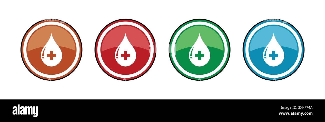 Logotype de symbole de goutte de sang. Faites don de goutte de sang avec le signe de croix. Concept de donateur. Design plat coloré. Symbole médical. Jeu d'icônes de logo Blood Drop. Illustration de Vecteur