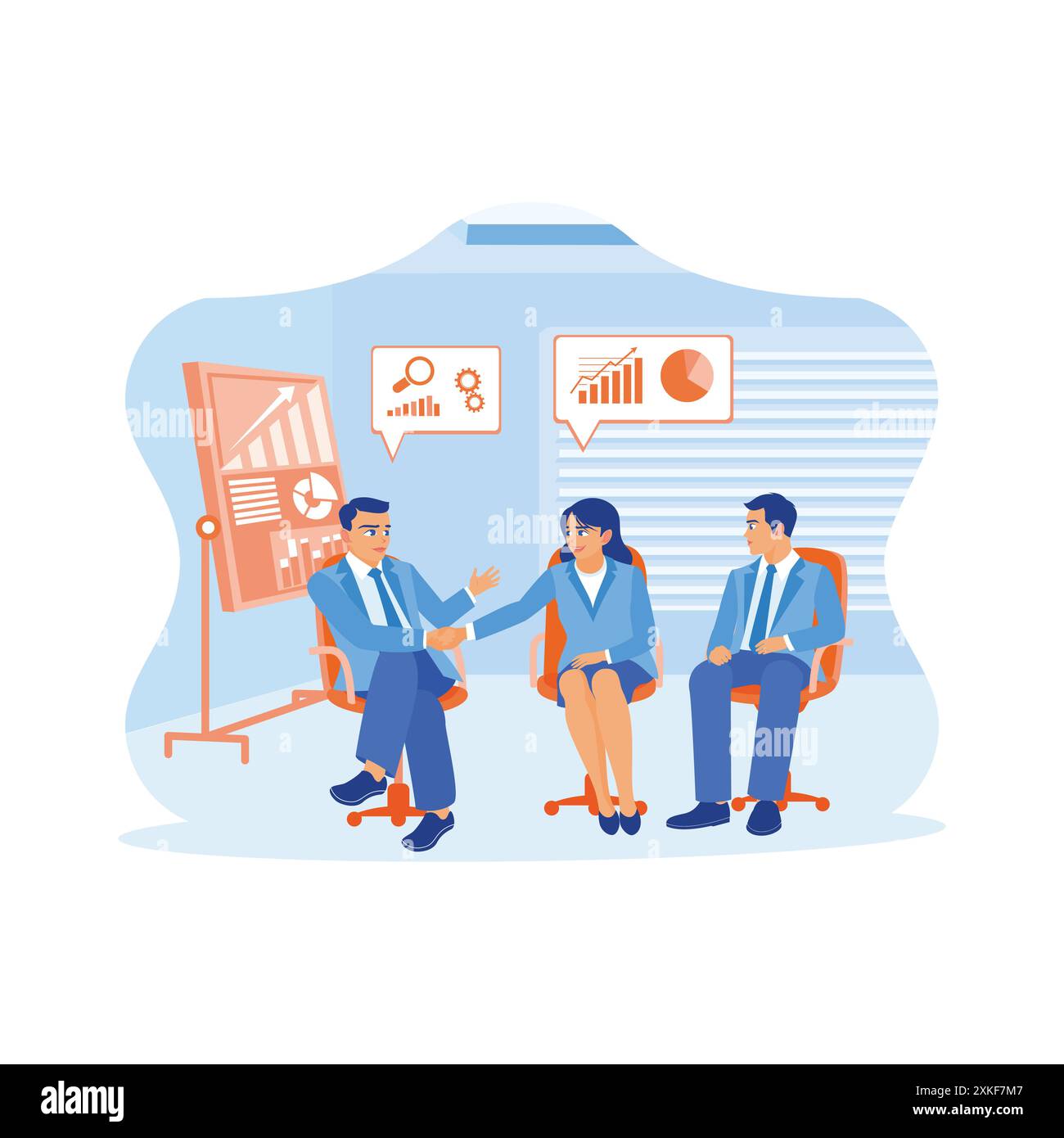 Divers hommes d'affaires sont assis ensemble et se serrent la main dans un espace de bureau moderne. Ils ont discuté ensemble au cours de la réunion. Les nouveaux employés conçoivent Illustration de Vecteur