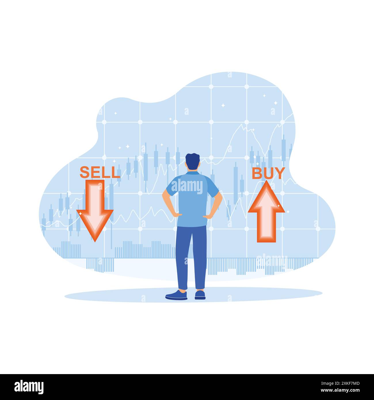 Homme d'affaires travaillant dans le bureau moderne. Se tenir devant l'écran du projecteur détermine s'il faut vendre ou acheter des actions. Concept de trading boursier. mode tendance Illustration de Vecteur