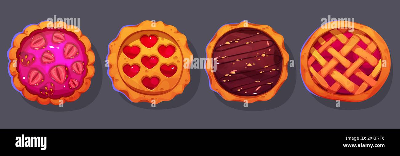 Tartes aux fruits vue de dessus ensemble isolé sur fond. Illustration de dessin animé vectoriel de fraise fraîche cuite au four, cerise, tartes au chocolat décorées avec des coeurs de confiture, gâteau fait maison cuit pour la fête, icônes de menu Illustration de Vecteur