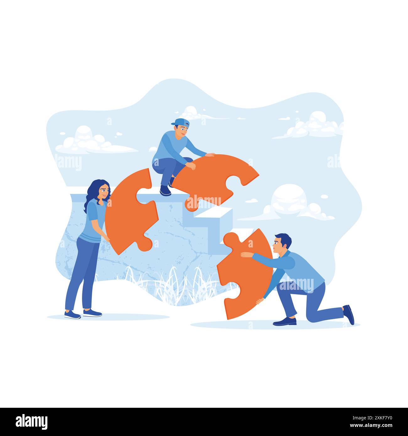 Équipe de travail créatif connectant des puzzles dans un bureau moderne. Assembler correctement le puzzle mène au succès. Concept de création d'employés. tendance moderne Illustration de Vecteur