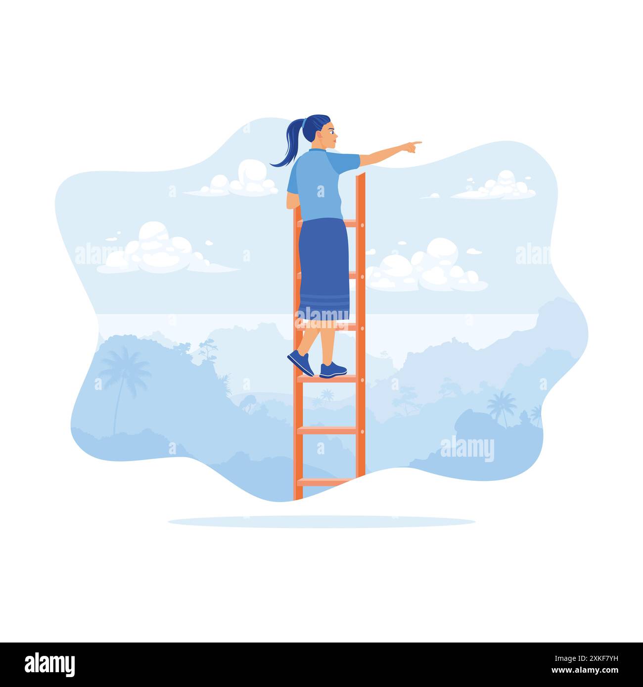 Jeune femme debout sur les escaliers avec une belle vue. Regarder au loin et pointer quelque part. Concept de développement de carrière. vecteur moderne tendance Illustration de Vecteur