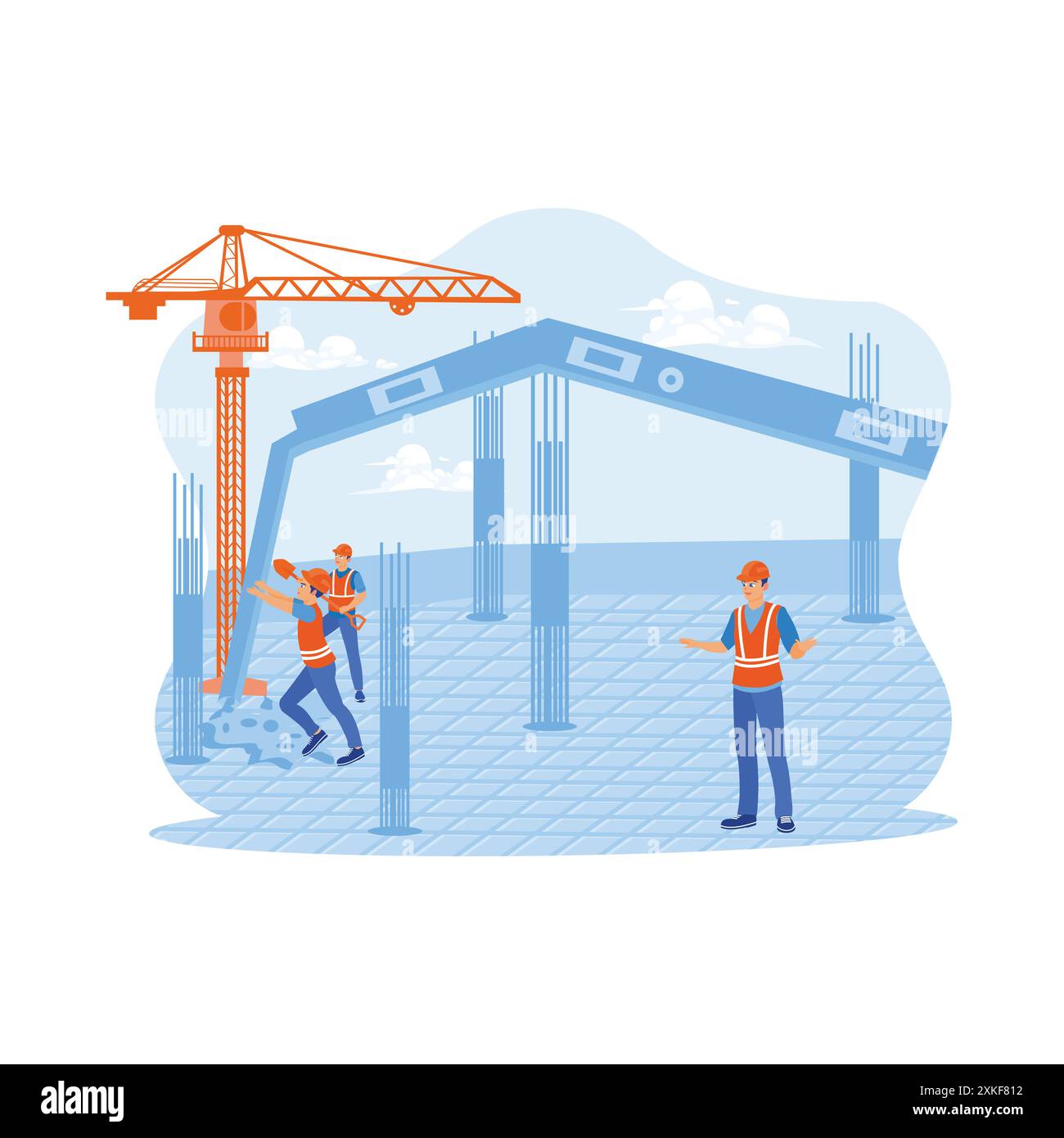 Les ingénieurs en architecture civile inspectent et travaillent sur les chantiers de construction des structures extérieures. Les travailleurs sont en train de couler des piliers de soutien. Architecte Illustration de Vecteur