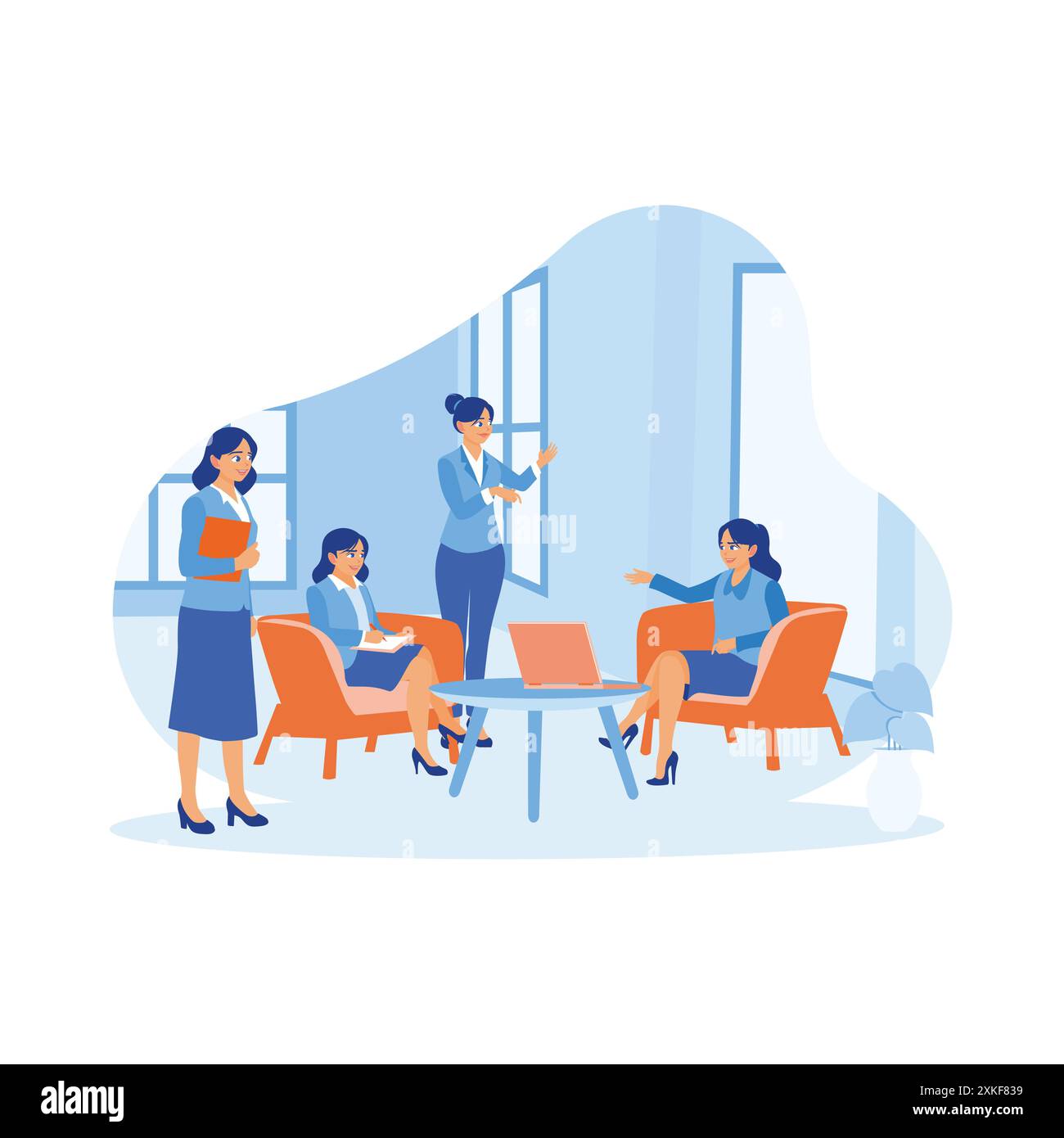 Heureuse femme d'affaires ayant une réunion dans le hall du bureau. Ils collaborent à un nouveau projet. Les gens d'affaires dans le concept de lieu de travail de bureau. Tendance Illustration de Vecteur