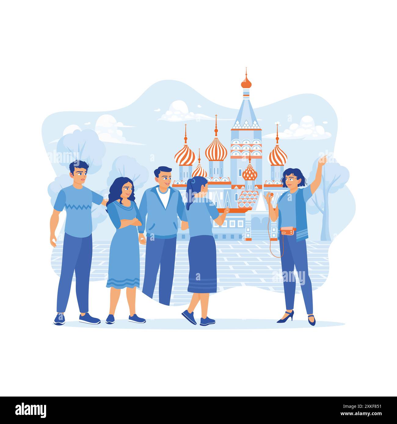 Les jeunes touristes partent en voyage touristique. Ils ont écouté l'explication d'une fille qui travaillait comme guide touristique lors d'une visite à pied. Concept de guide touristique. t Illustration de Vecteur