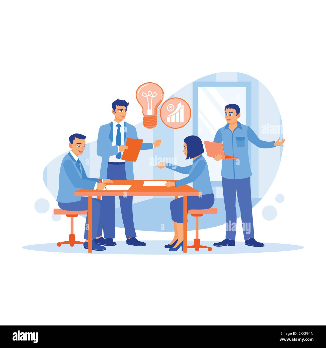 La direction de l'entreprise tient une réunion avec les partenaires commerciaux dans la salle de conférence. Discutez d'idées commerciales, trouvez des solutions et passez en revue les résultats des ventes de produits. D Illustration de Vecteur