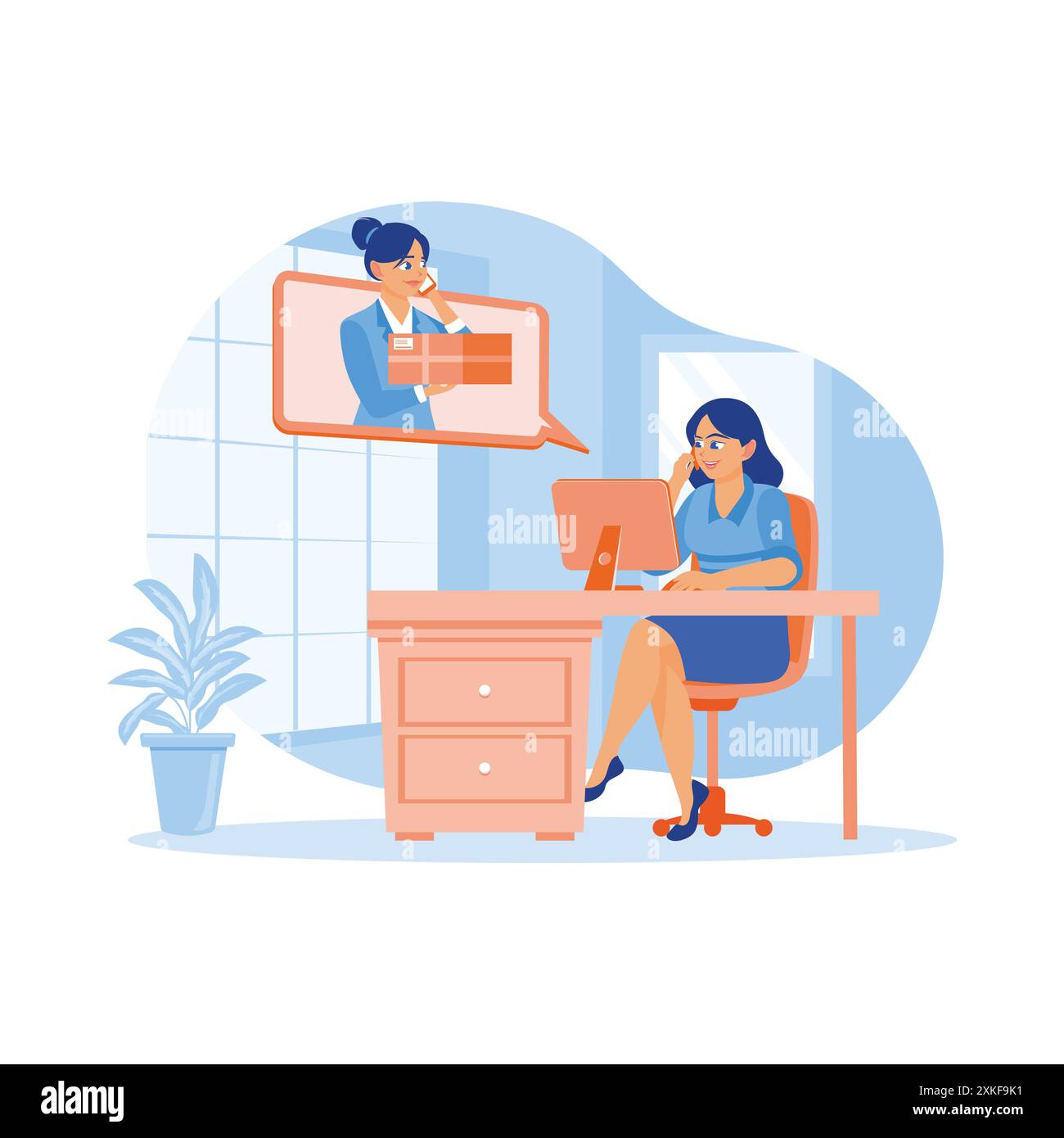 Jeunes femmes faisant des achats en ligne via un ordinateur portable. Recevez des appels téléphoniques des propriétaires de petites entreprises avant de livrer les commandes. Concept de confirmation de commande. Illustration de Vecteur