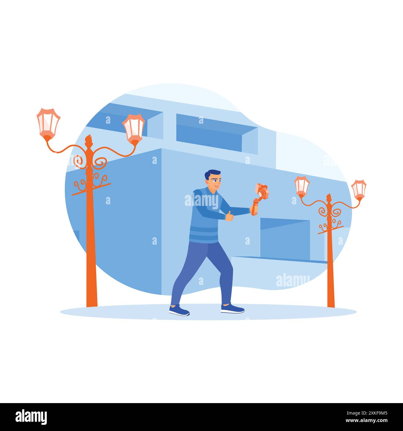 Un jeune homme marche dans les rues de la ville. Le vlogger parle dans une caméra de téléphone sur un bâton de selfie pour son vlog de style de vie. Concept de créateur de contenu. Tendance Illustration de Vecteur