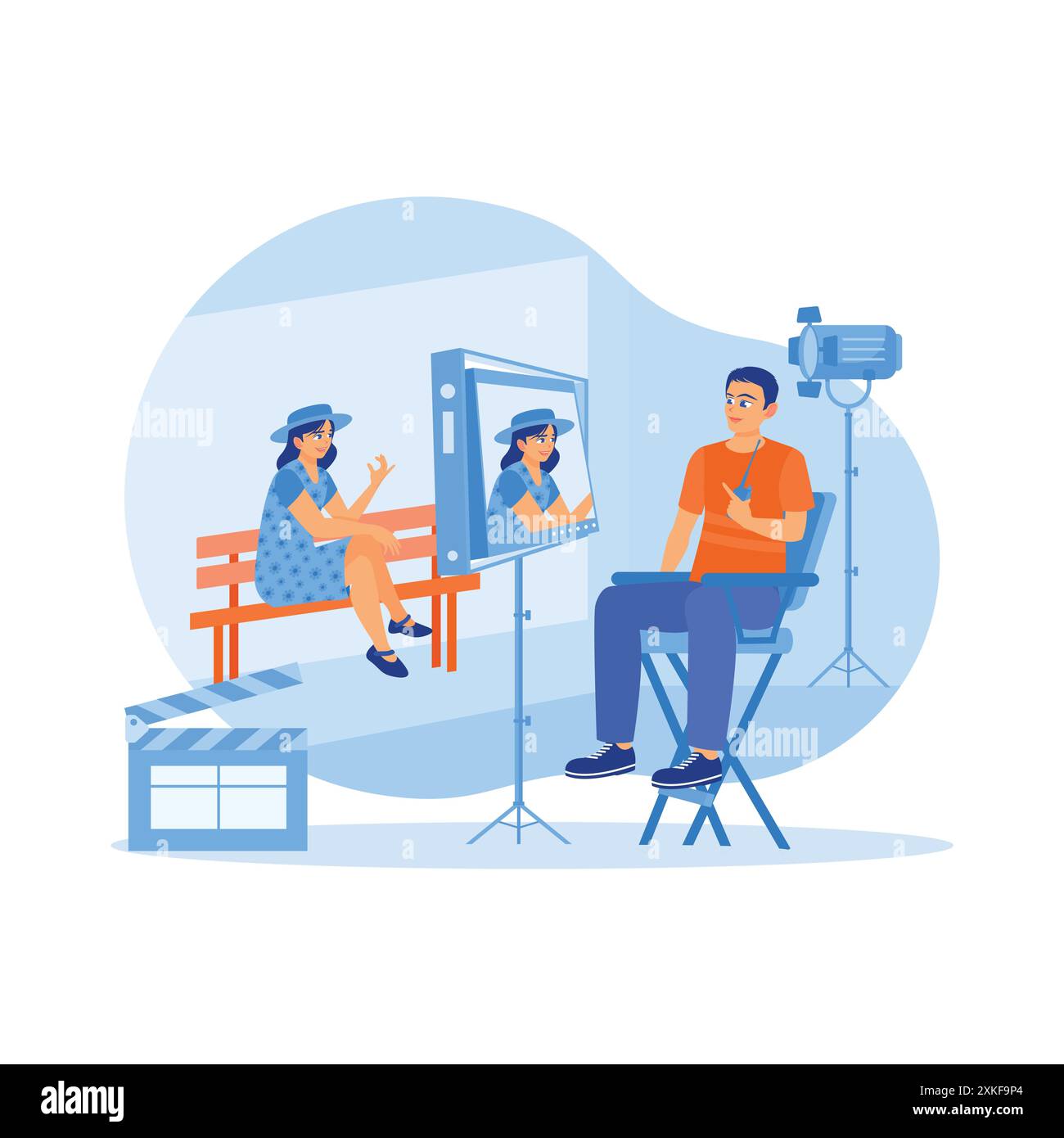 Le réalisateur est assis devant l'écran du moniteur. Donner des ordres à un mannequin pendant le processus de tournage. Concept de production cinématographique. Tendance moderne Vec Illustration de Vecteur