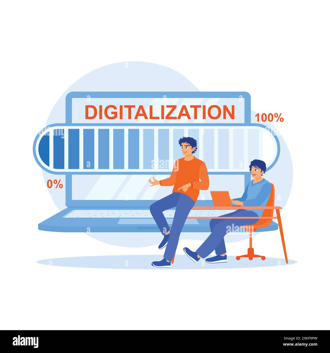 Homme d'affaires travaillant dans le bureau moderne. Concept de monde numérique avec hologramme de mot de numérisation et des icônes d'élément de barre de chargement sur le clavier d'ordinateur portable backgro Illustration de Vecteur