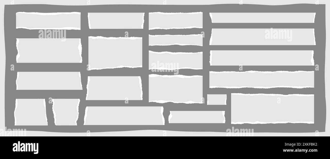 Fond d'en-tête en carton grunge de bord, déchiquetage de papier déchiré vierge, débris de journal rectangulaire déchiré, bande de page de déchirure blanche, note de cahier de déchirure isolée Illustration de Vecteur