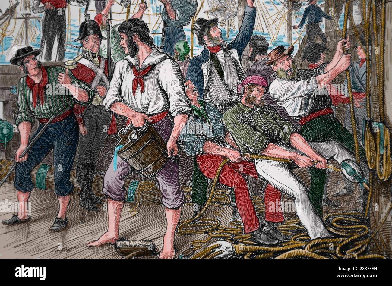 xviiie siècle. Scène après une bataille navale. Travaux d'entretien et de nettoyage. Gravure, XIXe siècle. Banque D'Images