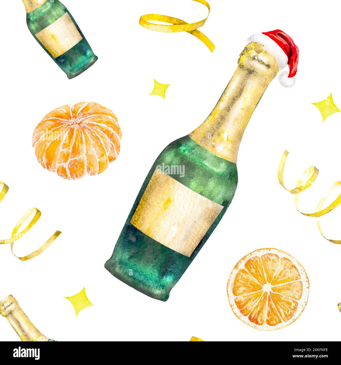Illustration aquarelle de Noël motif sans couture avec bouteille de champagne, serpentine et mandarines. Illustration du nouvel an dessinée à la main pour le décor de vacances Banque D'Images