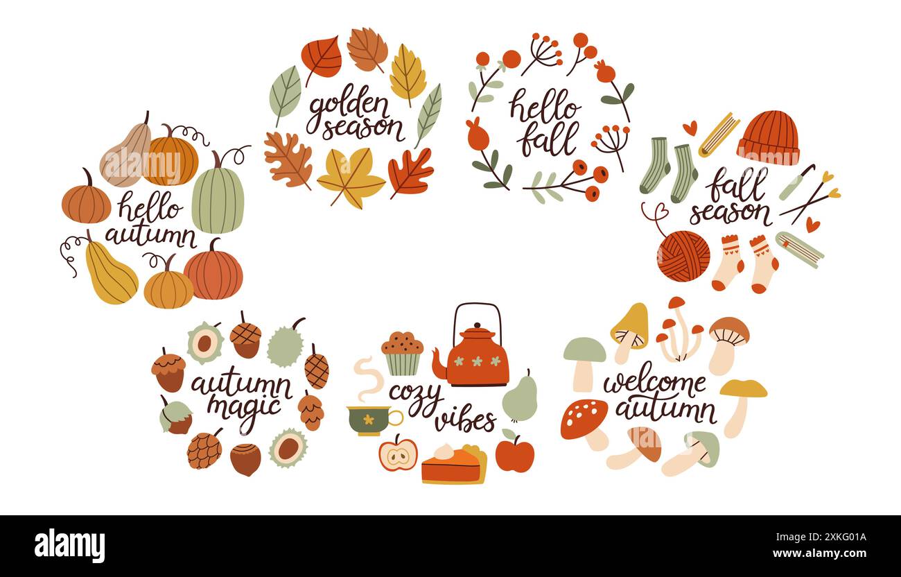 Ensemble de lettrage dessiné à la main automne. Textes manuscrits de la saison automne. Phrases d'automne avec des éléments de conception confortables mignons Illustration de Vecteur