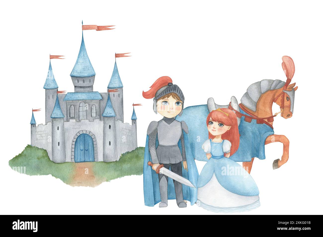 Illustration aquarelle d'un prince fantastique en armure bleue et grise avec épée et princesse en robe bleue, château. Illustration médiévale isolée. Pour Banque D'Images