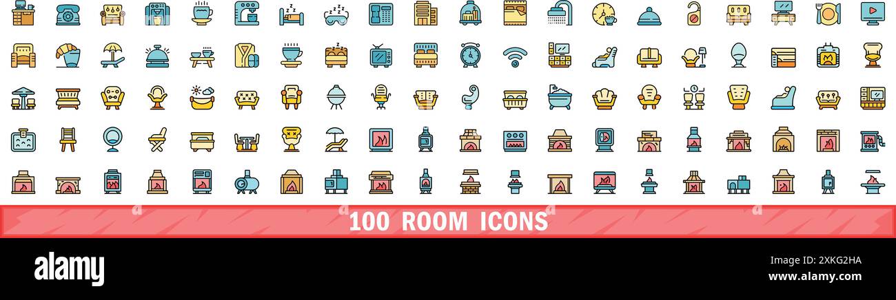 jeu de 100 icônes de salle. Ensemble de lignes de couleur d'icônes de vecteur de pièce couleur de ligne mince plat sur blanc Illustration de Vecteur