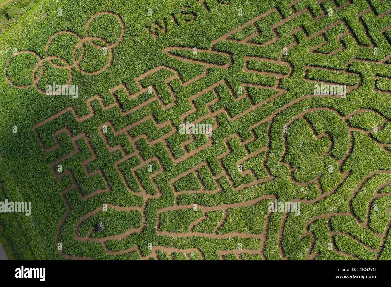 Une vue du labyrinthe Wistow dans le Leicestershire, inspirée par l’heptathlète Katarina Johnson-Thompson et en forme de lanceur de javelot, en amont des Jeux olympiques de Paris. La cérémonie d’ouverture des Jeux Olympiques de Paris 2024 aura lieu le vendredi 26 juillet, le long de la Seine. Date de la photo : mardi 23 juillet 2024. Banque D'Images