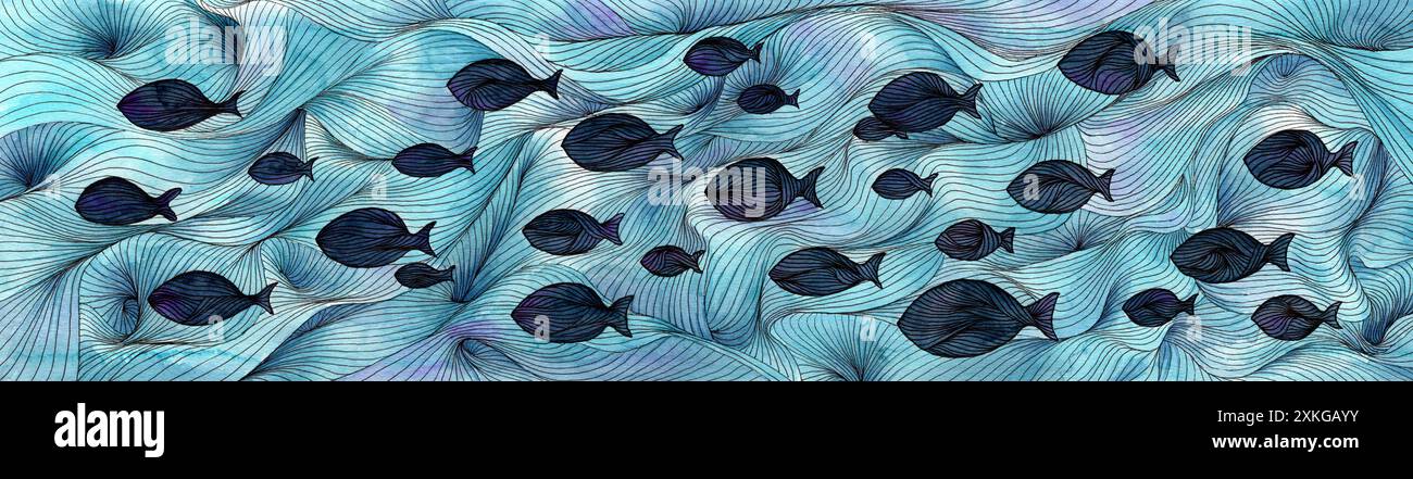 Ilustración de fondo de mar con peces. Acuarela y Líneas. Mundo Submarino Banque D'Images