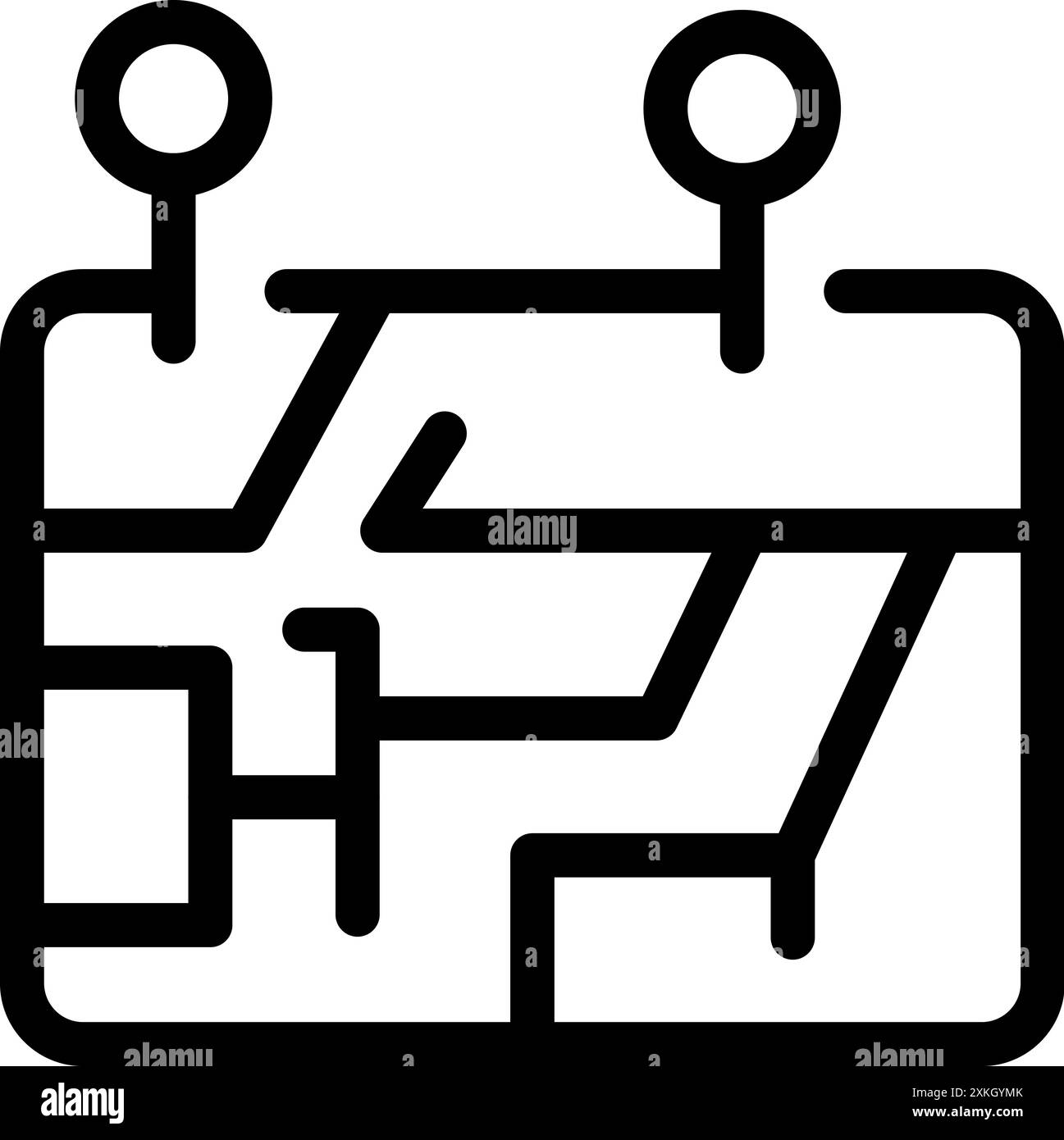 Icône de dessin au trait d'une carte de la ville montrant deux points d'intérêt pour un touriste utilisant les transports en commun Illustration de Vecteur