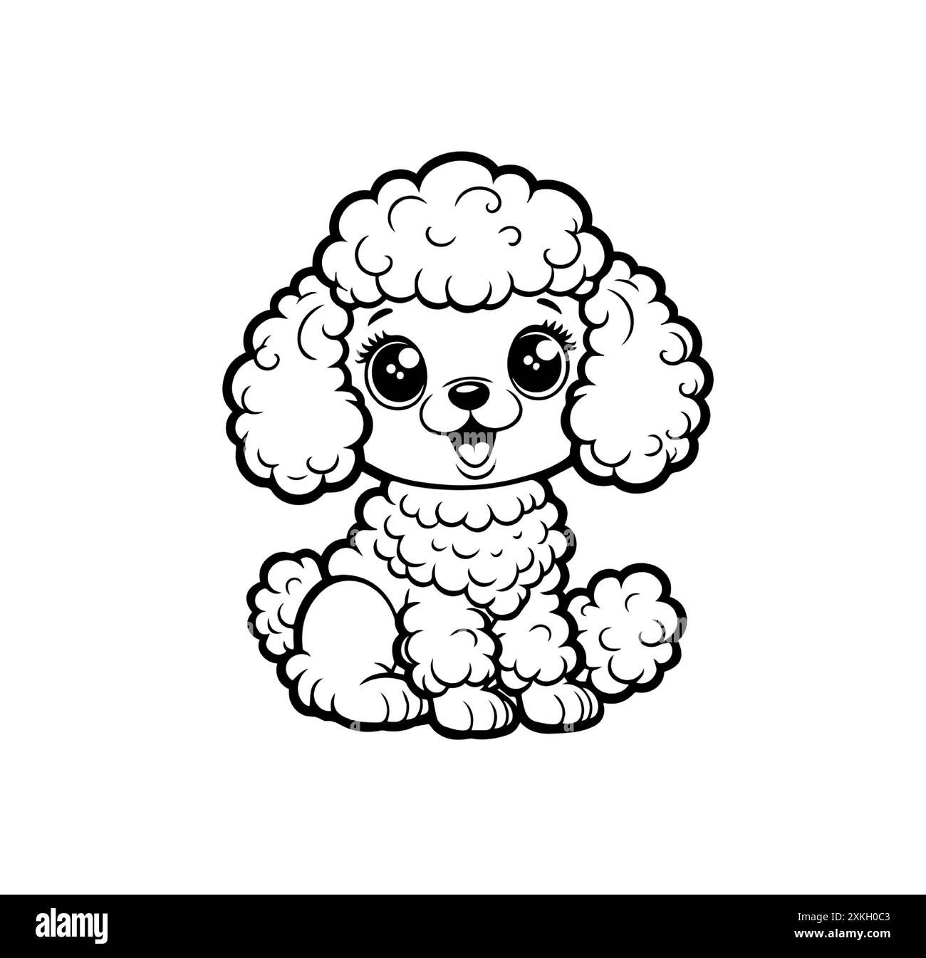 Chiot caniche de dessin animé mignon avec de grands yeux assis heureux. Adorable chien moelleux avec une expression joyeuse pour les enfants coloriant des livres, des pages d'activité, animal de compagnie Illustration de Vecteur