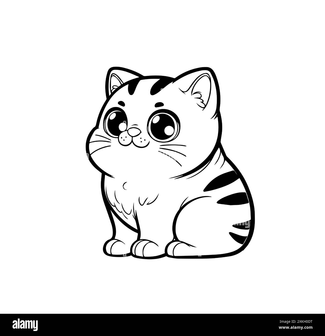 Mignon chaton kawaii Manx avec de grands yeux, assis et souriant. Adorable chat de dessin animé avec des rayures, moustaches, fourrure moelleuse. Parfait pour le décor des enfants Illustration de Vecteur