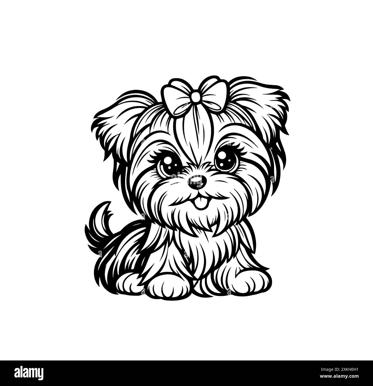 Adorable chiot Yorkshire moelleux avec un noeud. Chien kawaii mignon souriant heureux, exsudant joie et douceur. Parfait pour les livres de coloriage, pépinière Illustration de Vecteur