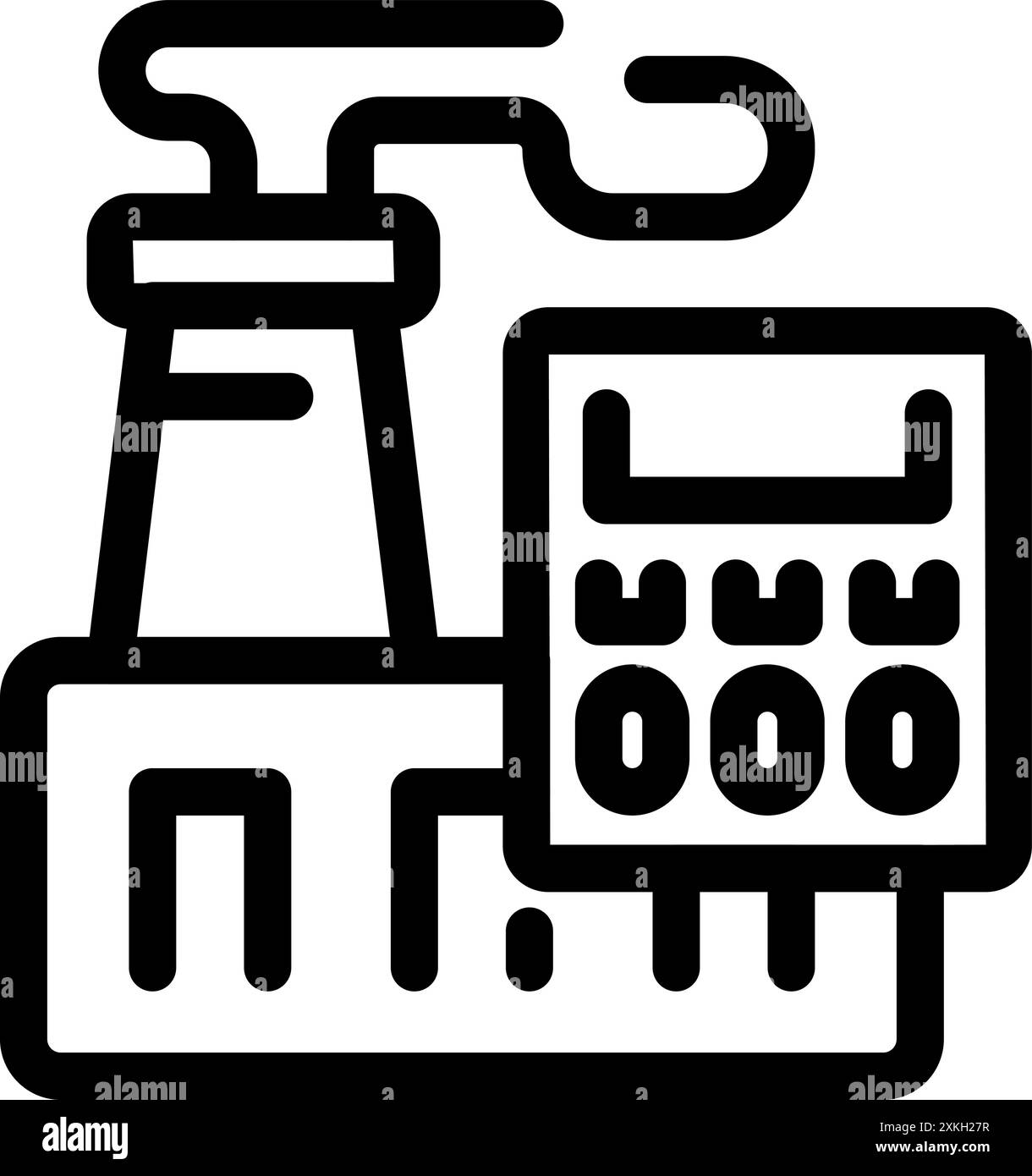 Icône de dessin au trait d'un bâtiment d'usine avec une cheminée de fumée et un panneau de commande électronique pour surveiller le processus de production Illustration de Vecteur