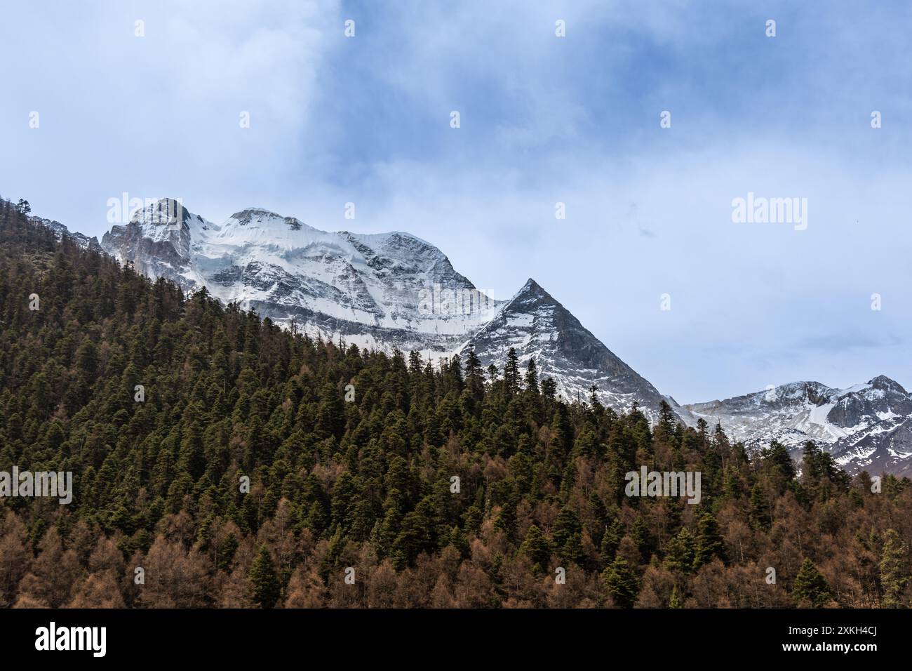Pic du mont Xiannairi, l'une des quatre montagnes sacrées du Sichuan. Vue depuis la réserve naturelle de Daocheng Yading. Banque D'Images