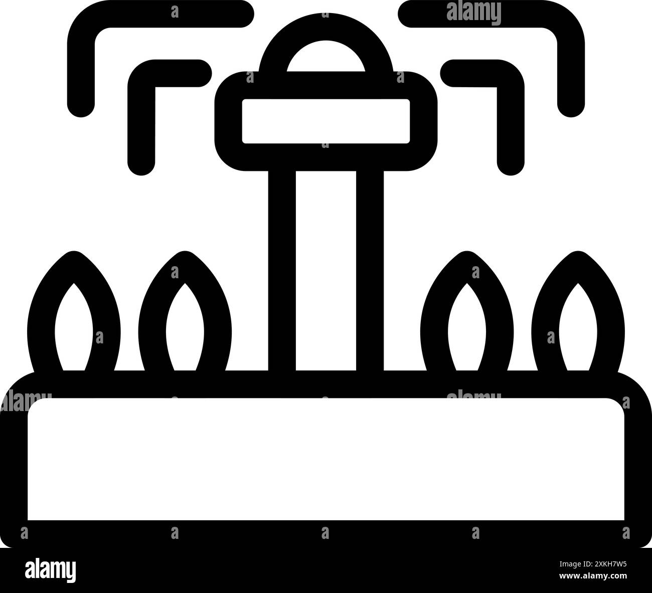 Icône de contour noir d'un système de gicleurs d'eau arrosant des plantes dans un lit de jardin Illustration de Vecteur