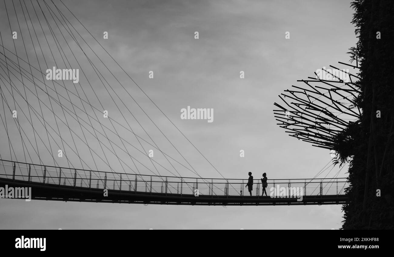 Singapour - 15 juillet 2023 : un couple se promène sur le pont OCBC Skyway à Supertree Grove dans Gardens by the Bay. Photo noir et blanc. Banque D'Images