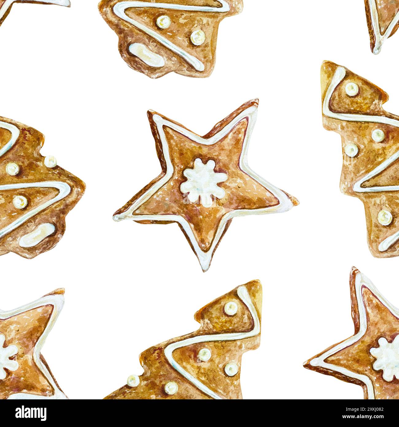 Ginger cookies motif sans couture. Illustration d'aquarelle dessinée à la main isolée sur fond blanc. Pour Noël, cartes de voeux du nouvel an, couvertures, emballage Banque D'Images