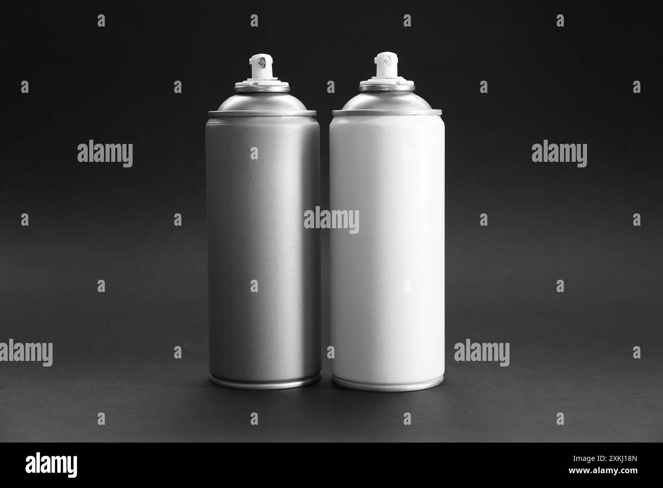 Deux boîtes de peinture au pistolet sur fond gris foncé Banque D'Images