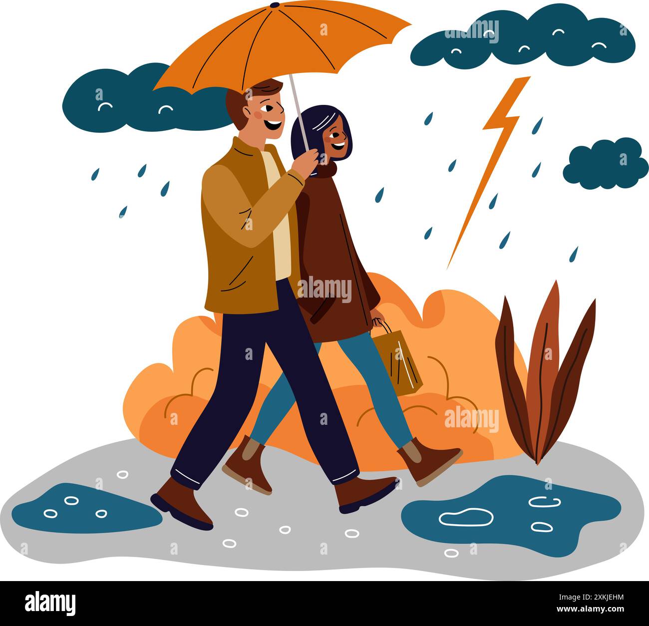 Couple différentes conditions météorologiques. Marche romantique. Les mecs et les filles amoureux. Promenez-vous dans le parc. Les gens avec parapluie. Nuages pluvieux et foudre. Nature automnale Illustration de Vecteur