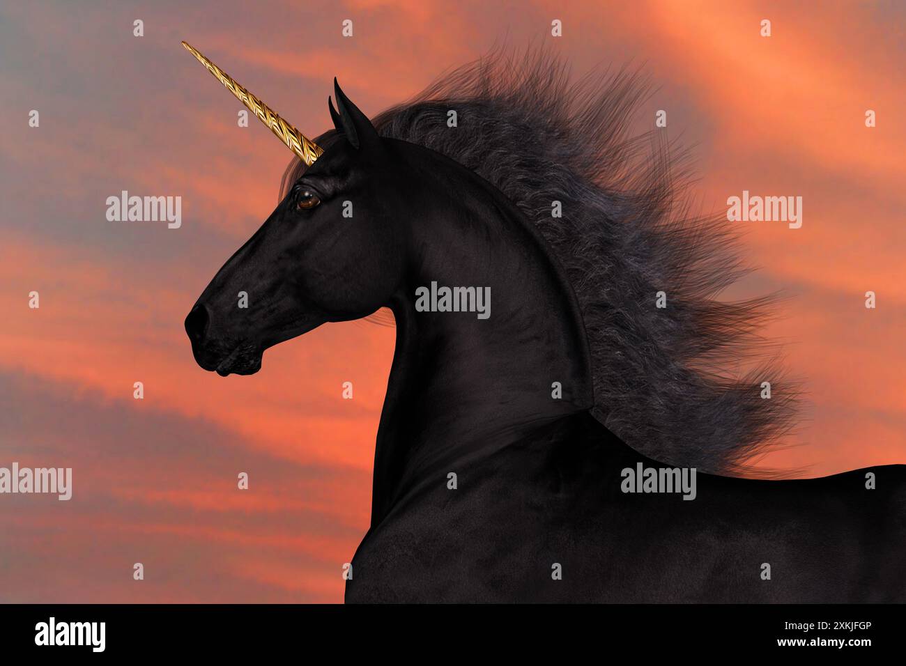 Une licorne est une créature mythique qui a un manteau noir, des sabots bibelés et une corne frontale dorée. Banque D'Images