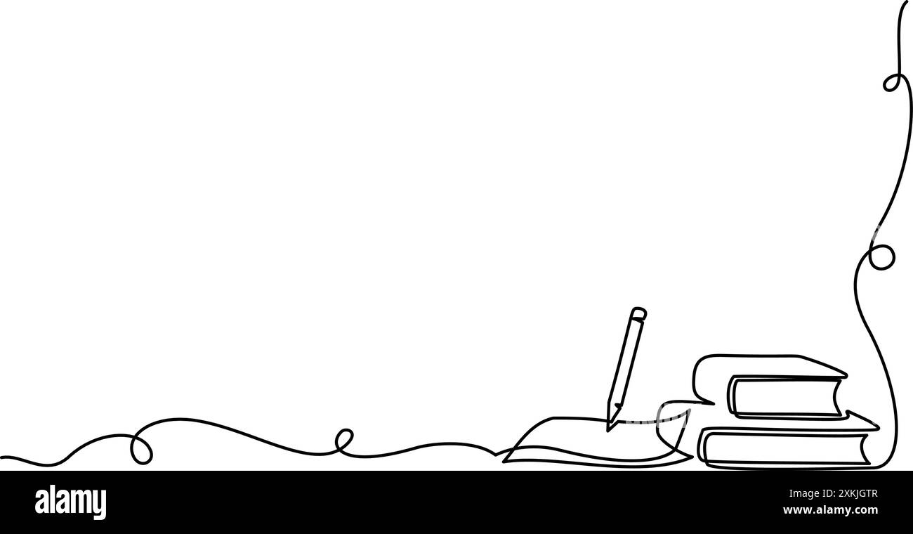 Liste de papier avec stylo et livres. Dessin continu sur une ligne. Illustration de Vecteur