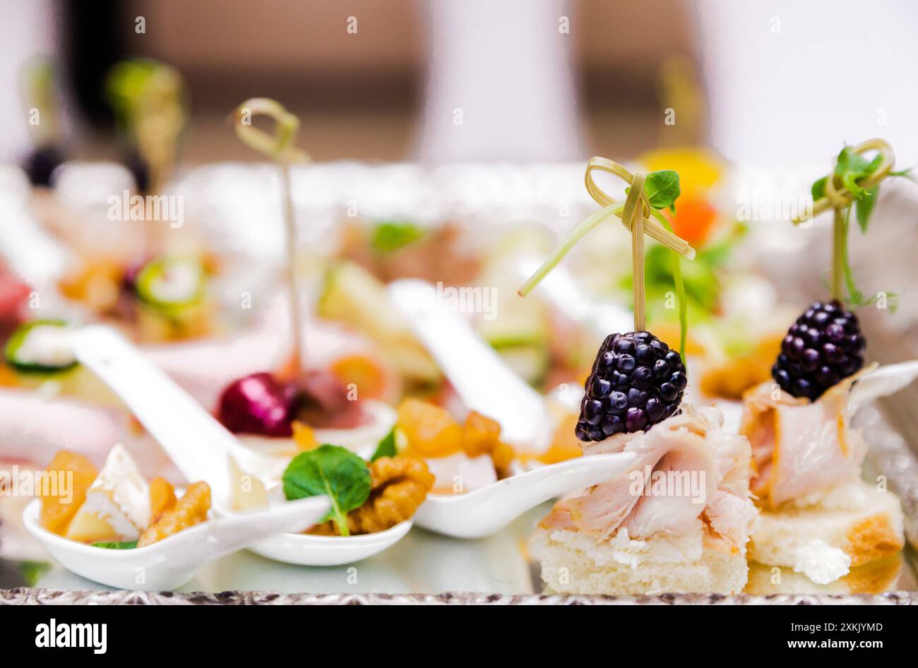 Amuse-gueules et canapés assortis avec des mûres et des ingrédients frais servis sur un plateau décoratif en argent. Banque D'Images