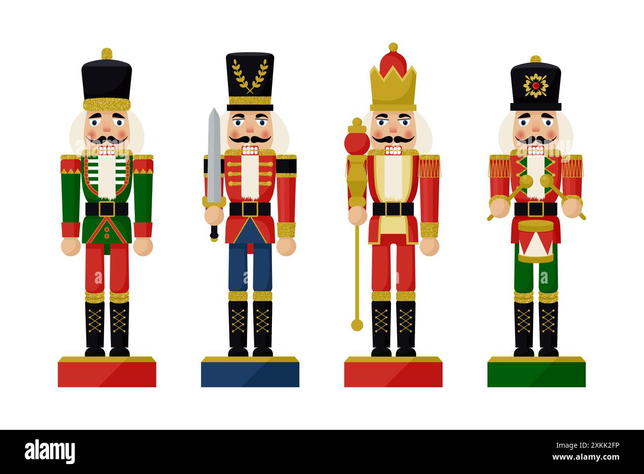 Ensemble de jouets casse-noisette de Noël soldat figurine traditionnelle. Illustration vectorielle plate Illustration de Vecteur