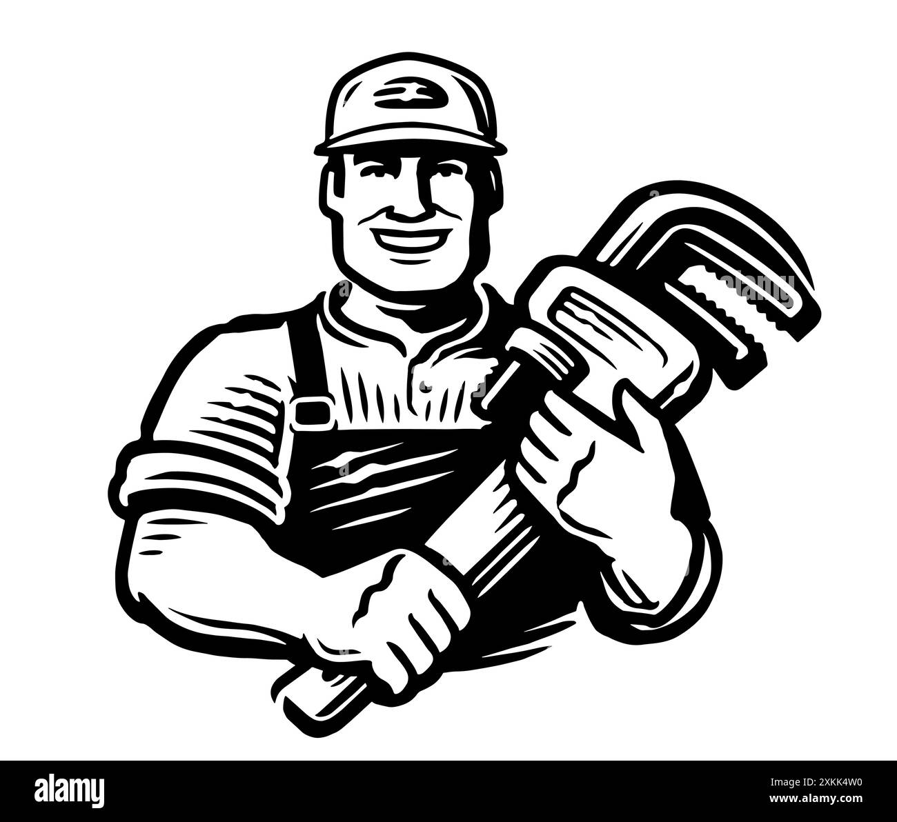 Plombier avec grande clé. Ouvrier et outil. Travaux de construction, illustration vectorielle noir et blanc Illustration de Vecteur