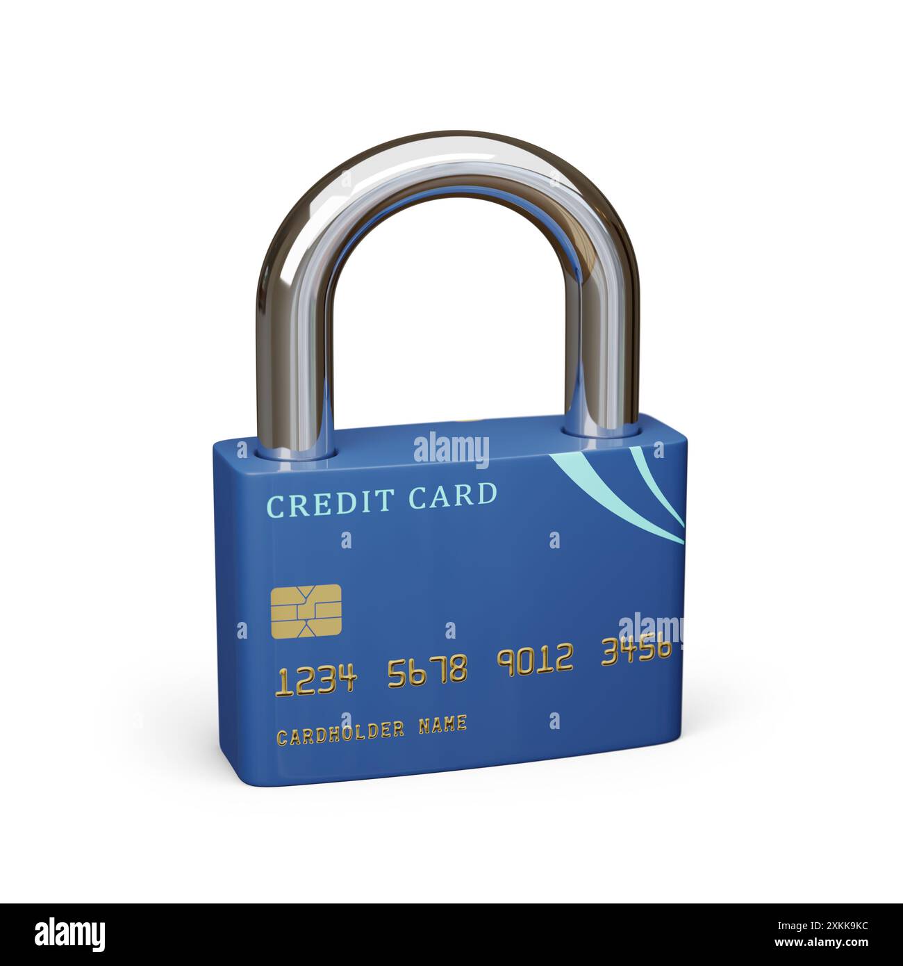 Carte de crédit en forme de cadenas fermé isolé sur fond blanc. Concept de sécurité. illustration 3d. Banque D'Images