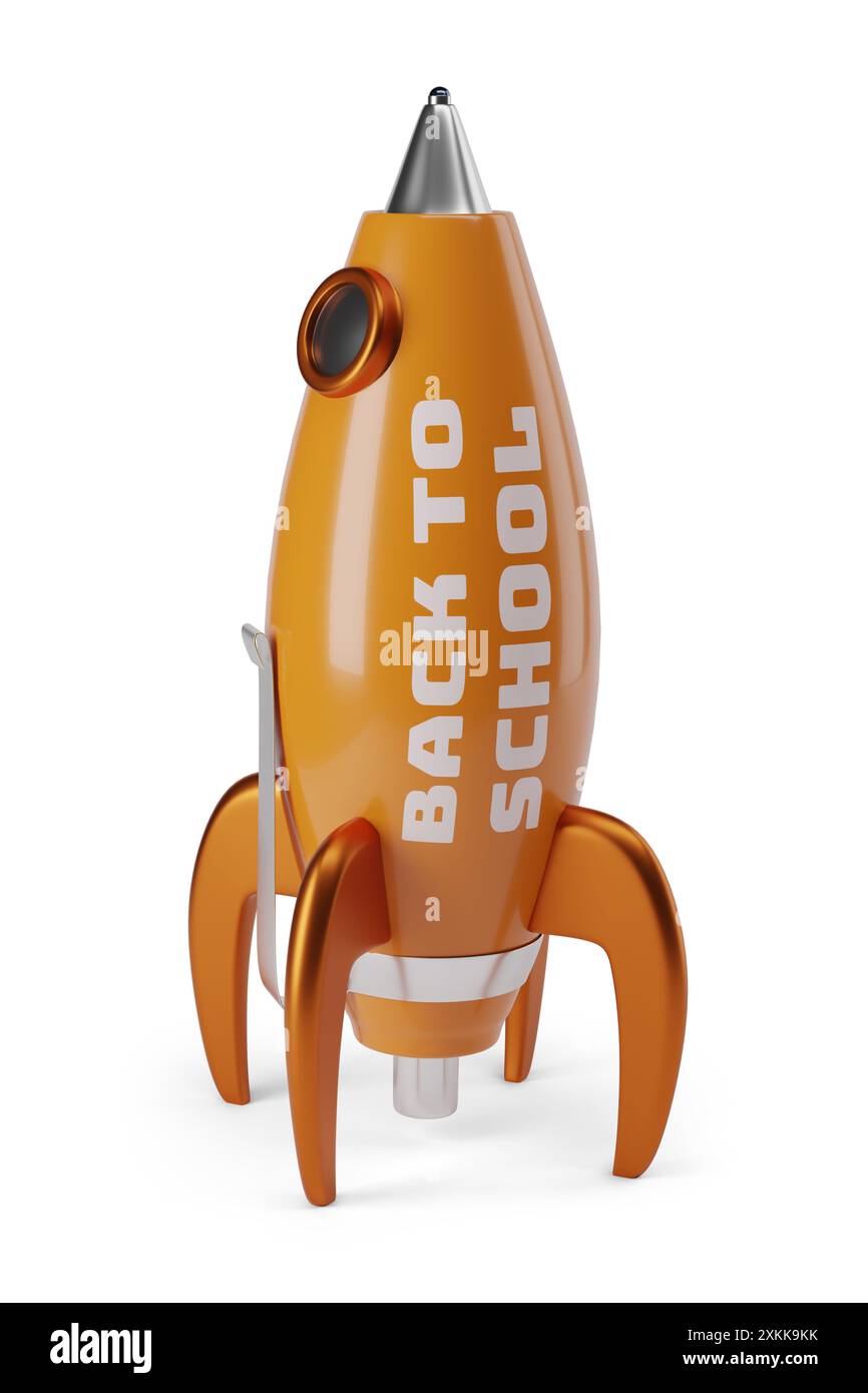 Vaisseau spatial en forme de stylo avec le texte 'retour à l'école' isolé sur fond blanc. illustration 3d. Banque D'Images