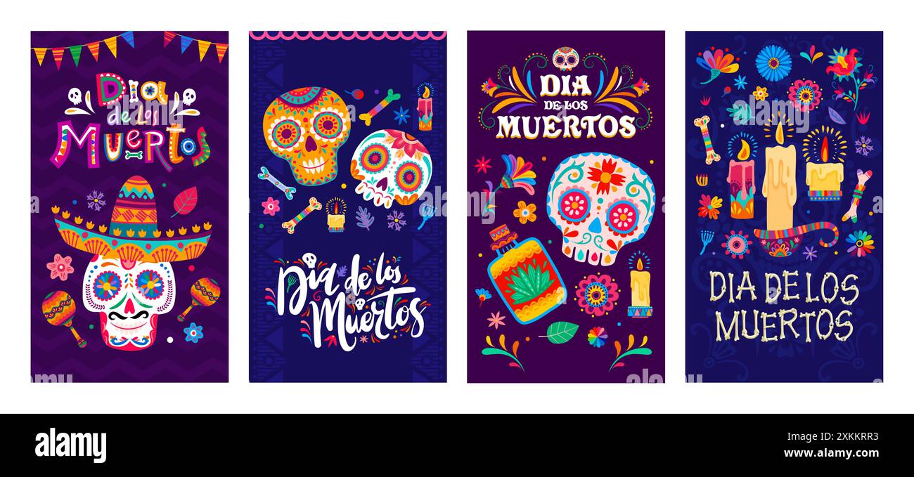 Jour mexicain des bannières dia de los muertos mortes. Fonds verticaux vectoriels ou cartes de voeux festives avec des crânes de sucre de calavera, des os, des maracas, Illustration de Vecteur