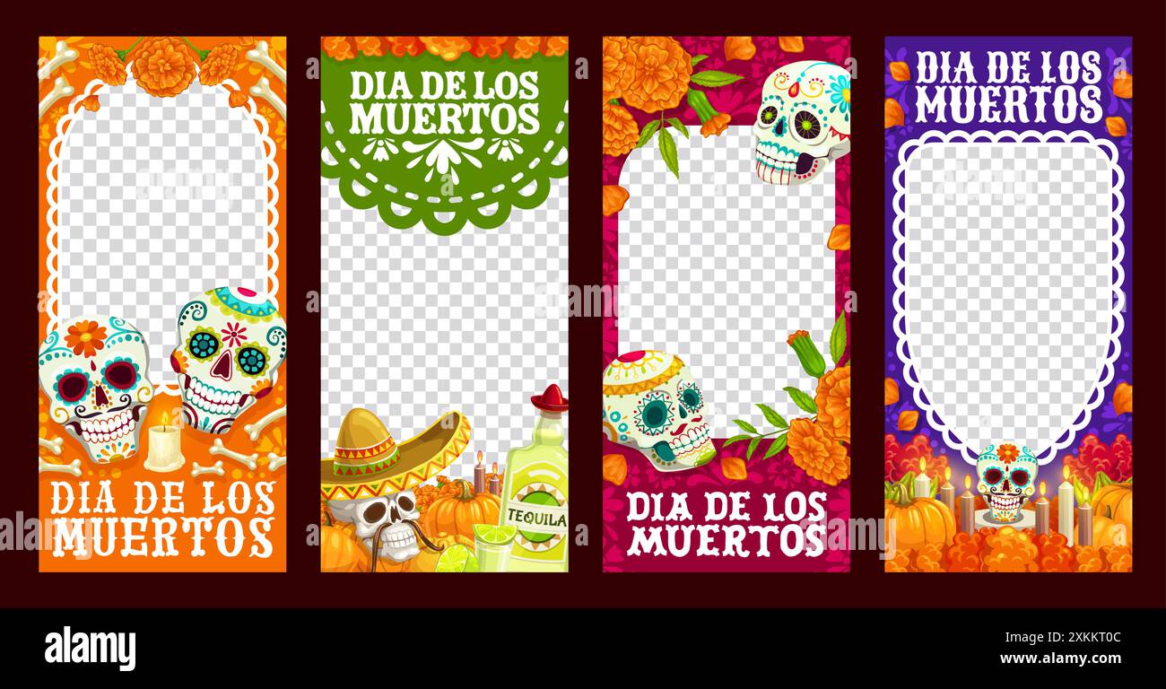 Modèle de médias sociaux jour des vacances mortes. Vector dia de los muertos cadres vides verticaux mexicains avec des crânes de sucre de calavera, fleurs de souci, c Illustration de Vecteur