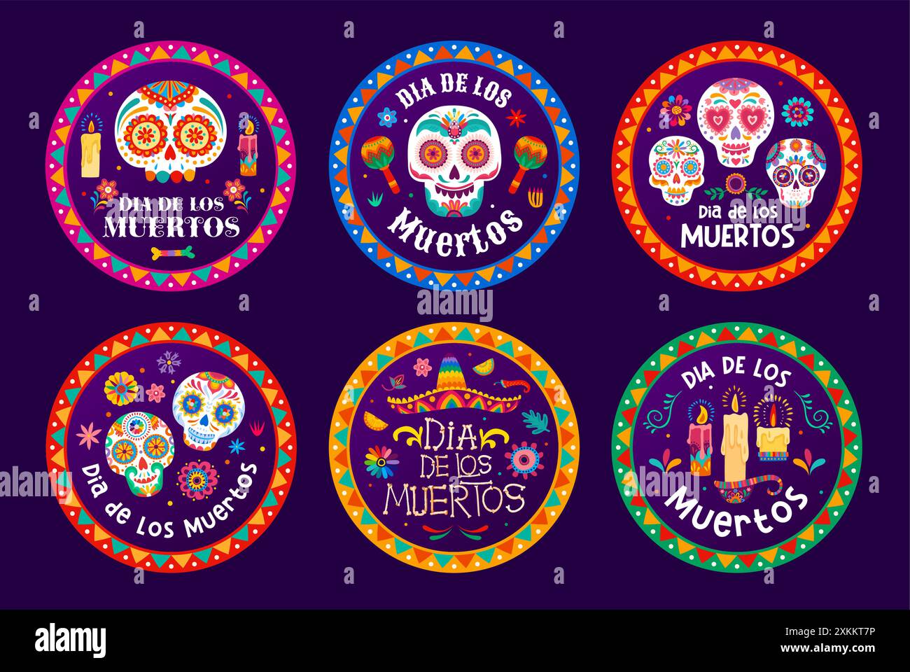 Jour des étiquettes des morts avec des crânes de calavera de sucre, dia de los muertos badges de vacances mexicains avec des têtes de calaca humaines de vecteur de dessin animé, bougies allumées a Illustration de Vecteur