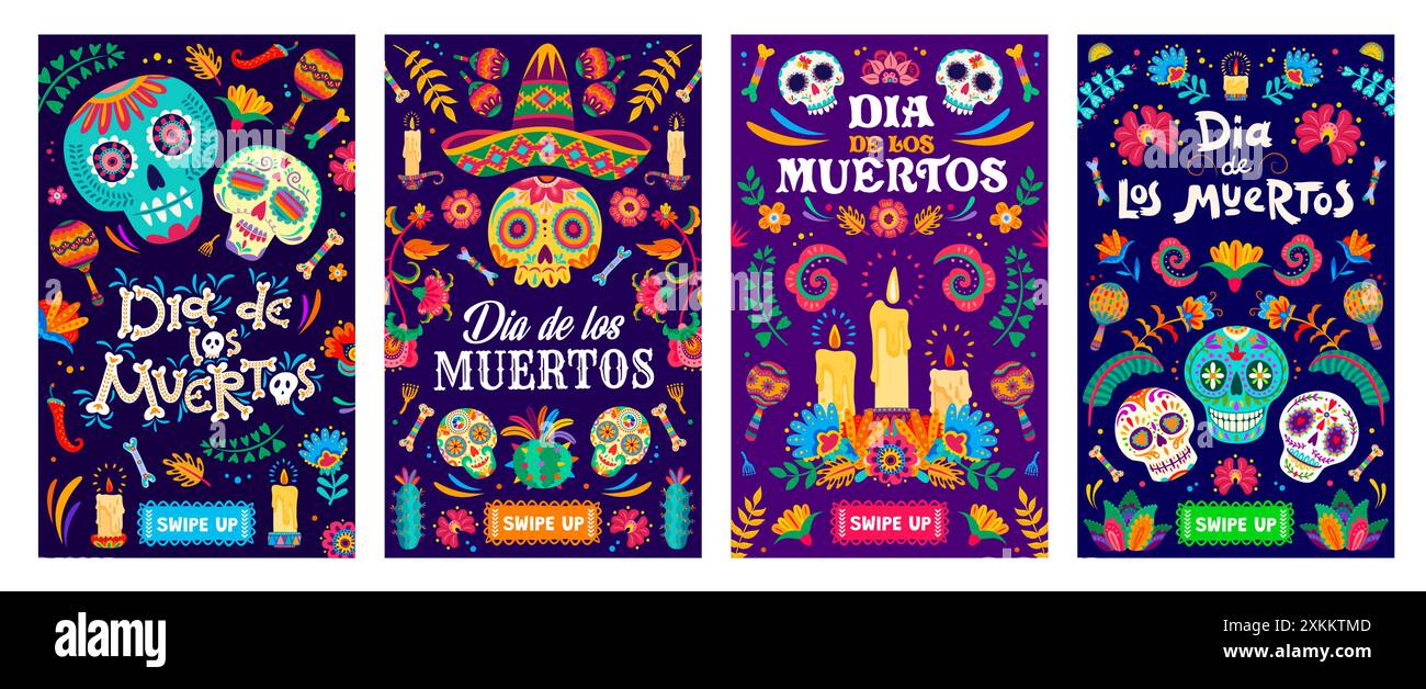 Le jour des morts affiches des fêtes mexicaines, circulaires de célébration dia de los Muertos. Cartes vectorielles vibrantes avec des crânes de sucre alebrije colorés, des marigolds et Illustration de Vecteur