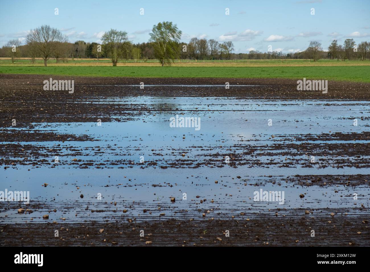 07.04.2024, Allemagne, basse-Saxe, Heidenau - les grandes charrues sur un champ sont la preuve de précipitations supérieures à la moyenne, également un phénomène de changement climatique. 00 Banque D'Images
