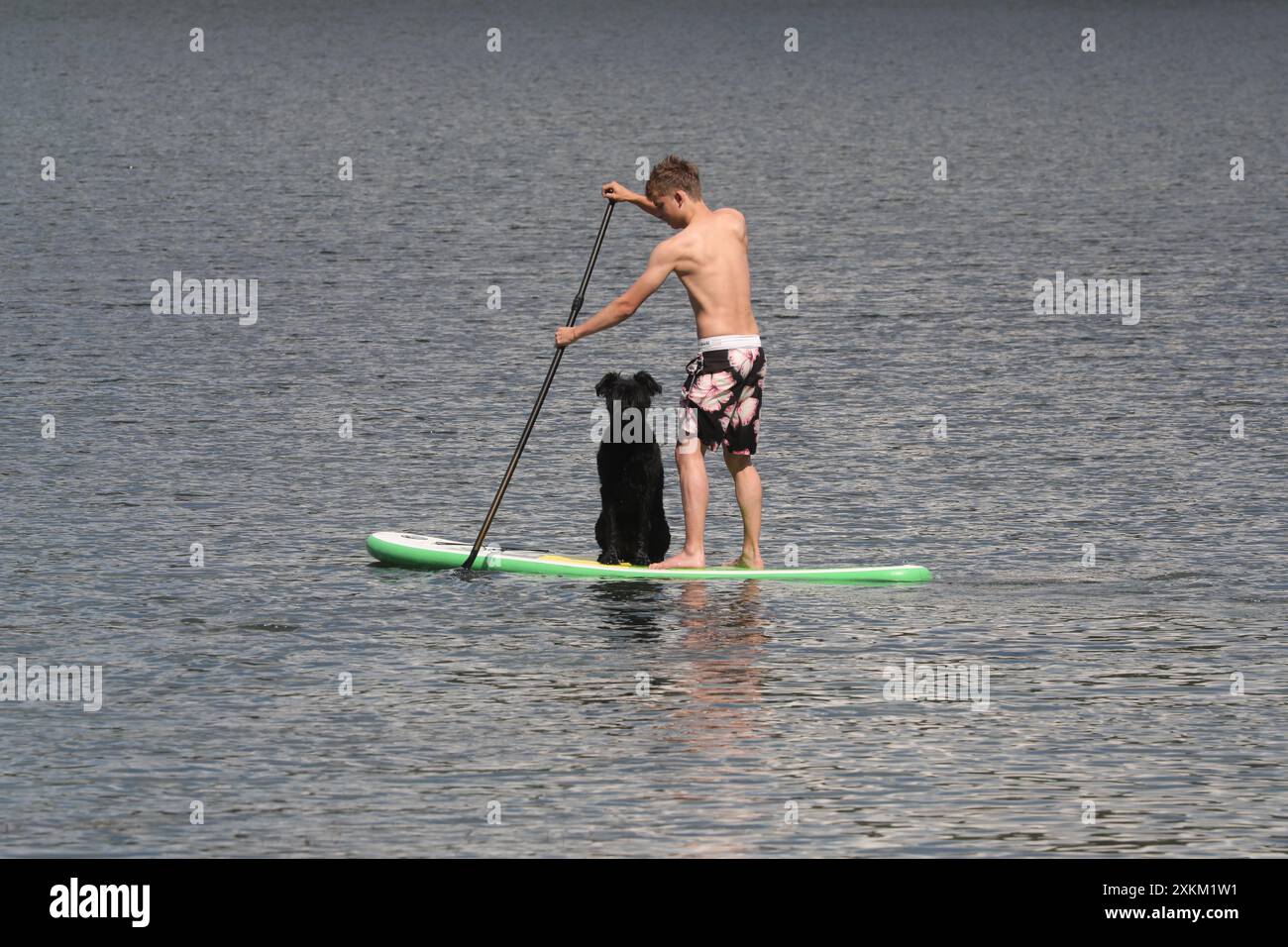 18.07.2020, Pologne, Wielkopolska, Lanken - adolescent debout pagaie avec son chien. 00S200718D131CAROEX.JPG [AUTORISATION DU MODÈLE : OUI, AUTORISATION DU PROPRIÉTAIRE : NON Banque D'Images