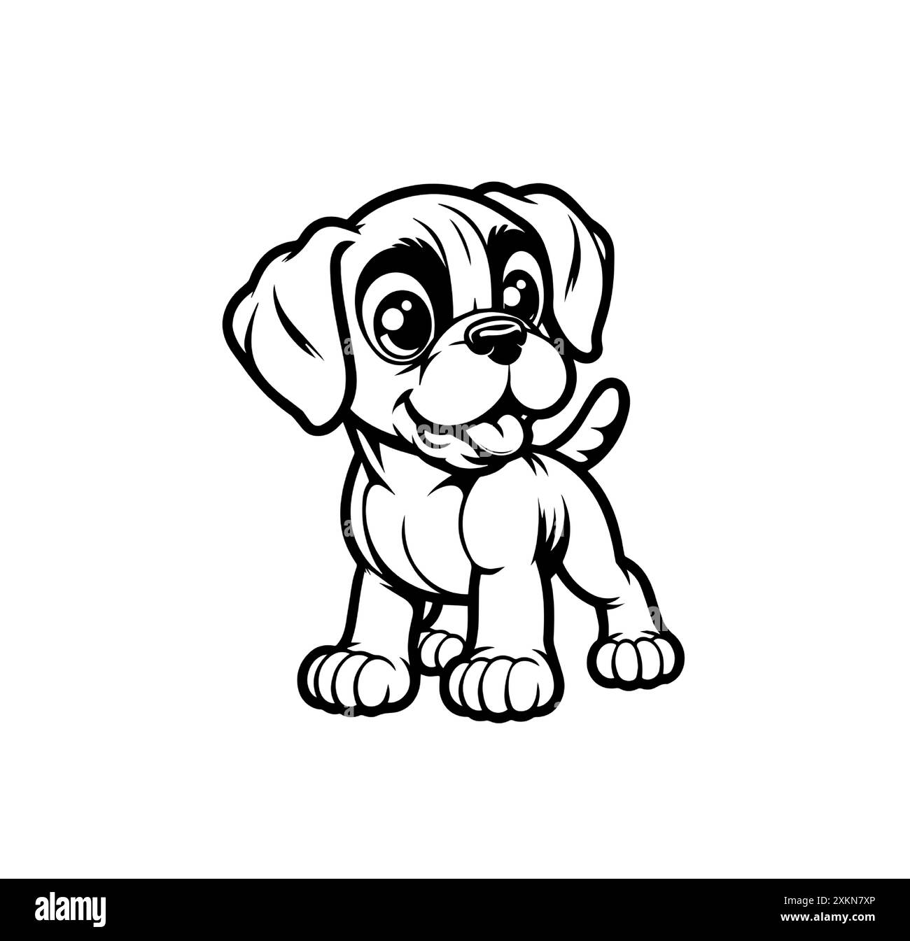 Heureux chiot de dessin animé Boxer avec de grands yeux et des oreilles souples. Personnage de chien souriant ludique mignon pour les marchandises pour enfants, décor de pépinière, matériel éducatif Illustration de Vecteur