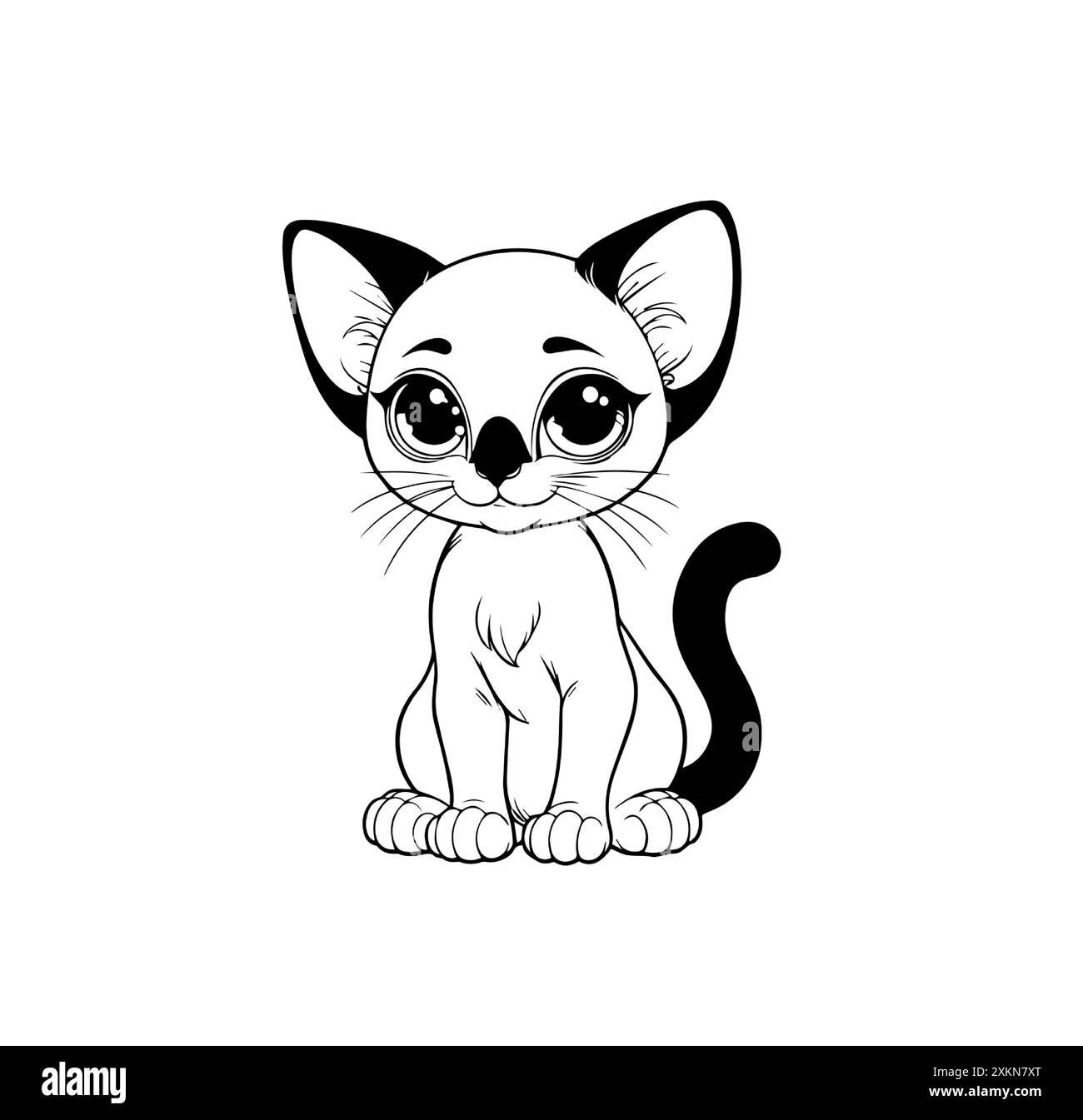 Chaton siamois mignon avec de grands yeux et une expression amicale, assis et regardant heureux. Charmant caractère ludique pour les conceptions d'enfants, décor de crèche Illustration de Vecteur